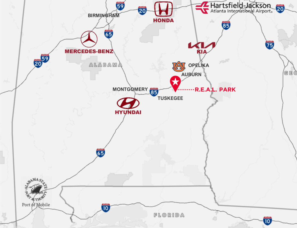 Map showing the REAL park's position relative to points of interest around the region.
