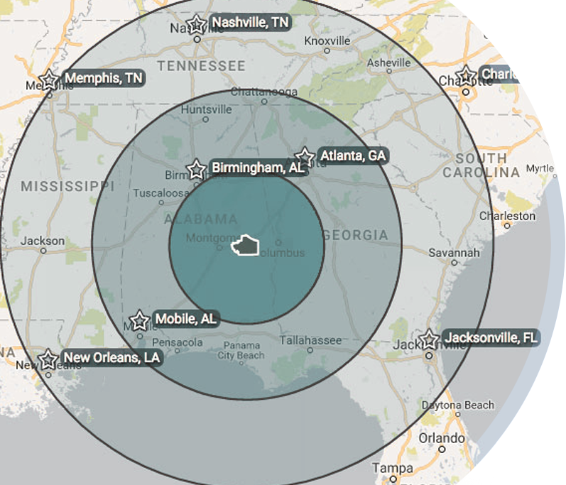 Map Outlining Macon County and showing Birmingham, AL; Jacksonville, FL; New Orleans, LA; Mobile, AL; Atlanta, GA; Nashville, TN; Memphis, TN