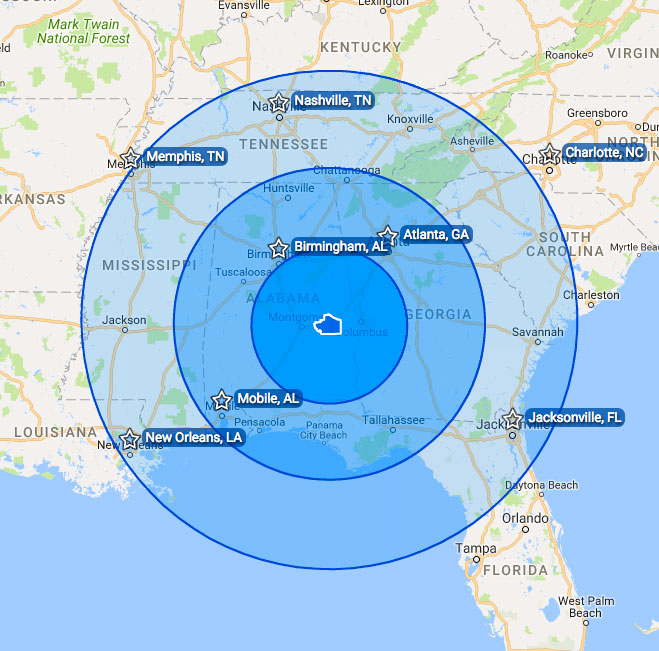 Map showing Macon County's proximity to other major cities.